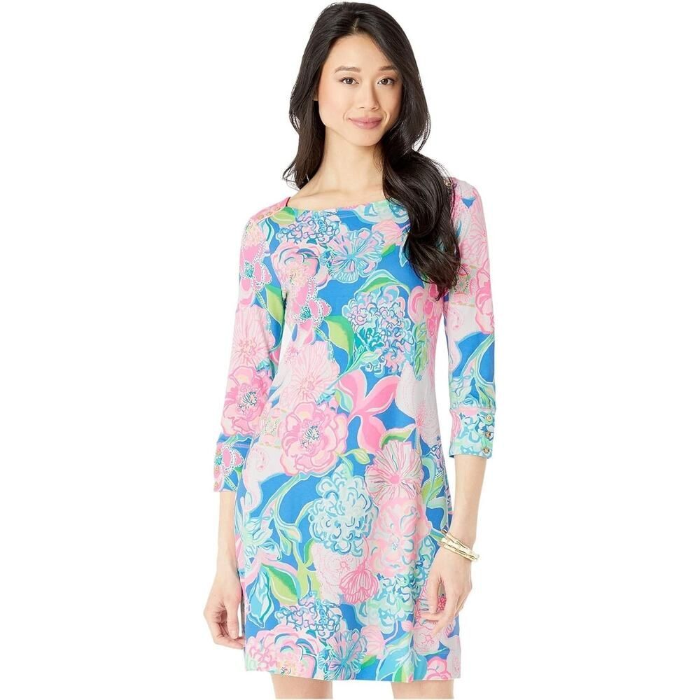 Lilly Pulitzer Sophie Dress UPF Small Peony 3/4 Sleeve Pink Blue Floral Beach